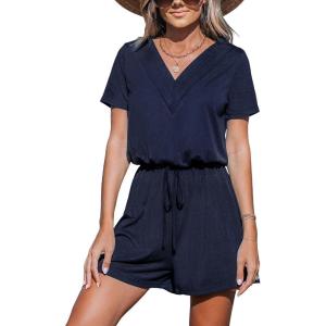 imageCUPSHE Womens Rompers V Neck Drawstring Jersey Jumpsuits Short Sleeve Overall Wide Leg Outfit Casual Beach