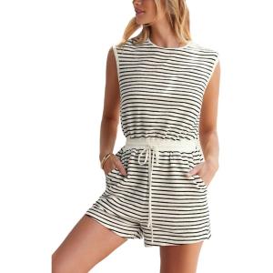 imageCUPSHE Womens Stripes Romper Cap Sleeve Wide Leg Jumpsuit Casual Overall OutfitWhite
