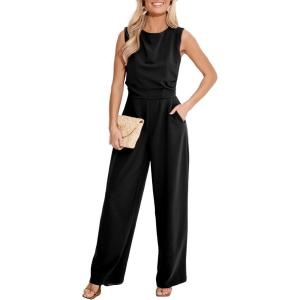 imageCUPSHE Womens Summer Jumpsuit Dressy Round Neck Sleeveless Wide Leg One Piece Outfit Overall Casual Maxi Romper with PocketsBlack
