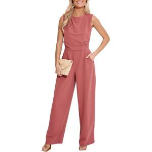 imageCUPSHE Womens Summer Jumpsuit Dressy Round Neck Sleeveless Wide Leg One Piece Outfit Overall Casual Maxi Romper with PocketsPink