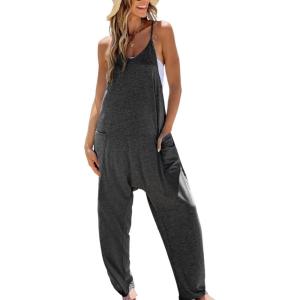 imageCUPSHE Womens Summer Jumpsuit Sleeveless Casual Loose Fit Knit Scoop Neck Wide Leg Pockets Long Romper One Piece VacationDark Grey