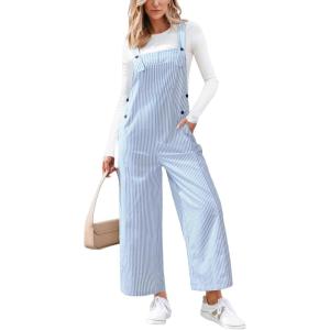 imageCUPSHE Womens Summer Jumpsuits Striped Wide Leg Overall Casual Straps Button Loose Maxi Rompers with PocketsBlue Striped