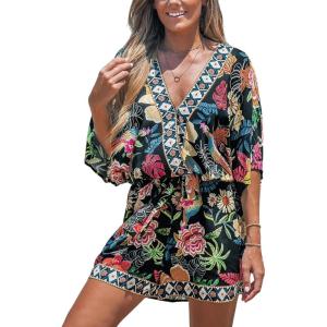 imageCUPSHE Womens Summer Romper Lace Up Printed Half Sleeves Casual Wide leg Vacation Outfit Mini One Piece JumpsuitBlack Floral