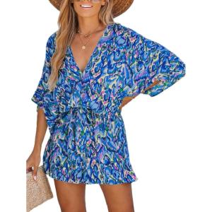 imageCUPSHE Womens Summer Romper Lace Up Printed Half Sleeves Casual Wide leg Vacation Outfit Mini One Piece JumpsuitBlue