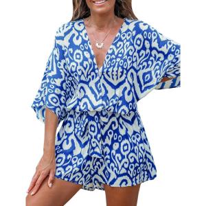 imageCUPSHE Womens Summer Romper Lace Up Printed Half Sleeves Casual Wide leg Vacation Outfit Mini One Piece JumpsuitBlue Abstract