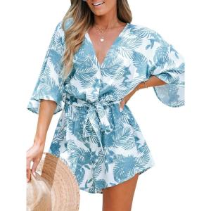 imageCUPSHE Womens Summer Romper Lace Up Printed Half Sleeves Casual Wide leg Vacation Outfit Mini One Piece JumpsuitBlue Floral