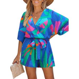 imageCUPSHE Womens Summer Romper Lace Up Printed Half Sleeves Casual Wide leg Vacation Outfit Mini One Piece JumpsuitBlue Pattern