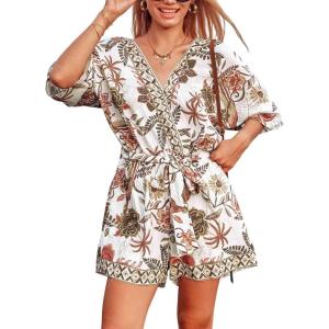 imageCUPSHE Womens Summer Romper Lace Up Printed Half Sleeves Casual Wide leg Vacation Outfit Mini One Piece JumpsuitBrown Printed