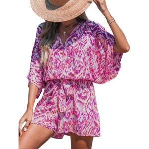 imageCUPSHE Womens Summer Romper Lace Up Printed Half Sleeves Casual Wide leg Vacation Outfit Mini One Piece JumpsuitFuchsia