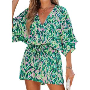 imageCUPSHE Womens Summer Romper Lace Up Printed Half Sleeves Casual Wide leg Vacation Outfit Mini One Piece JumpsuitGreen