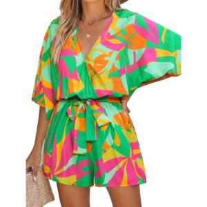 imageCUPSHE Womens Summer Romper Lace Up Printed Half Sleeves Casual Wide leg Vacation Outfit Mini One Piece JumpsuitLime Green