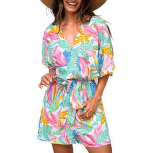 imageCUPSHE Womens Summer Romper Lace Up Printed Half Sleeves Casual Wide leg Vacation Outfit Mini One Piece JumpsuitMintpink