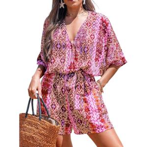 imageCUPSHE Womens Summer Romper Lace Up Printed Half Sleeves Casual Wide leg Vacation Outfit Mini One Piece JumpsuitPink Abstract