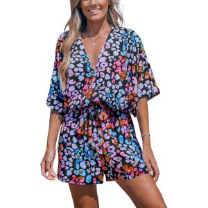 imageCUPSHE Womens Summer Romper Lace Up Printed Half Sleeves Casual Wide leg Vacation Outfit Mini One Piece JumpsuitPinkBlue