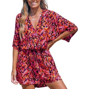 imageCUPSHE Womens Summer Romper Lace Up Printed Half Sleeves Casual Wide leg Vacation Outfit Mini One Piece JumpsuitRed