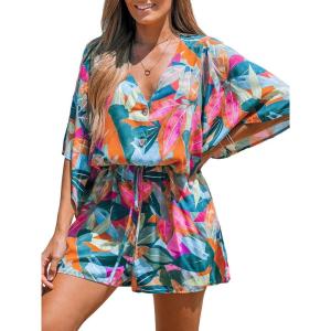 imageCUPSHE Womens Summer Romper Sleeveless Short Jumpsuit Romper Lace Up V Neck Wide Leg Trendy Beach Vacation OutfitsGreen