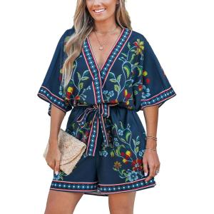 imageCUPSHE Womens Summer Wide Leg Rompers V Neck Short Sleeve Overall Jumpsuit Beach Vacation OutfitEmerald Blue