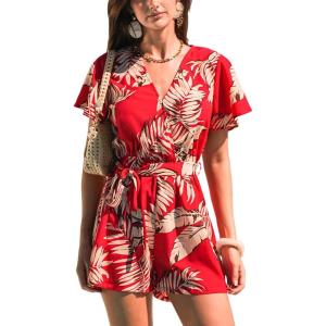 imageCUPSHE Womens Summer Wide Leg Rompers V Neck Short Sleeve Overall Jumpsuit Beach Vacation OutfitFloral Red