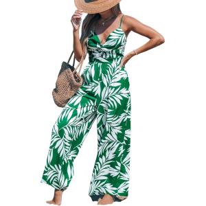 imageCUPSHE Womens Tropical Wide Leg Jumpsuit Sweetheart Back Tie Beach Outfits Travel Vacation ClothesSGreen