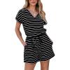 imageCUPSHE Womens Romper Stripe Short Sleeve Jersey Jumpsuits V Neck Overall Waist Tie Outfit Casual