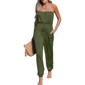 imageCUPSHE Womens Jumpsuits Tube Neck Tie Waist Tapered Leg Overall Sleeveless Outfit Casual Beach Green M