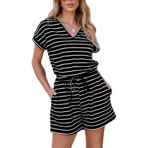 imageCUPSHE Womens Romper Stripe Short Sleeve Jersey Jumpsuits V Neck Overall Waist Tie Outfit Casual