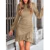 imageCUPSHE Women Knit Ruched Fall Dress Smocked Ruffle Hem Crew Neck Long Sleeve Bodycon Sexy Casual Holiday Mini DressKhaki