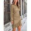 imageCUPSHE Women Knit Ruched Fall Dress Smocked Ruffle Hem Crew Neck Long Sleeve Bodycon Sexy Casual Holiday Mini DressKhaki