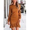 imageCUPSHE Women Knit Ruched Fall Dress Smocked Ruffle Hem Crew Neck Long Sleeve Bodycon Sexy Casual Holiday Mini DressOrange