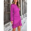 imageCUPSHE Women Knit Ruched Fall Dress Smocked Ruffle Hem Crew Neck Long Sleeve Bodycon Sexy Casual Holiday Mini DressRose Pink