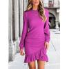 imageCUPSHE Women Knit Ruched Fall Dress Smocked Ruffle Hem Crew Neck Long Sleeve Bodycon Sexy Casual Holiday Mini DressRose Pink