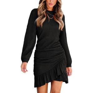 imageCUPSHE Women Knit Ruched Fall Dress Smocked Ruffle Hem Crew Neck Long Sleeve Bodycon Sexy Casual Holiday Mini DressBlack