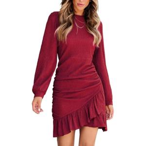 imageCUPSHE Women Knit Ruched Fall Dress Smocked Ruffle Hem Crew Neck Long Sleeve Bodycon Sexy Casual Holiday Mini DressWine Red