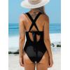 imageCUPSHE Womens One Piece Swimsuit V Neck Ruched Front Keyhole Cutout Crisscross Tie Back Bathing SuitBlack