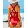 imageCUPSHE Womens One Piece Swimsuit V Neck Ruched Front Keyhole Cutout Crisscross Tie Back Bathing SuitRed