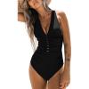 imageCUPSHE Womens One Piece Swimsuit V Neck Ruched Front Keyhole Cutout Crisscross Tie Back Bathing SuitBlack