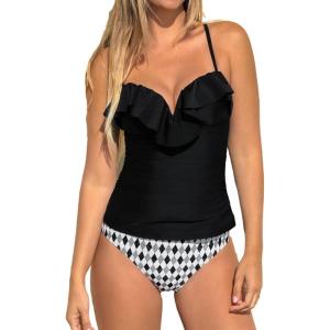 imageCUPSHE Womens Tankini Sets Ruffle Sweetheart Neck Two Piece Bathing Suits Adjustable Self Tie Ruched SwimwearBlackGeometric