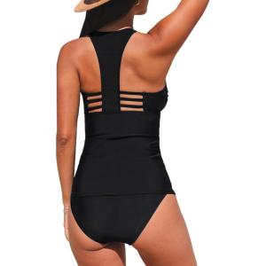imageCUPSHE Womens Tankini Sets Two Piece Swimsuit Racerback Bathing Suits Top Cutout Flowy Mid Rise BottomBlack