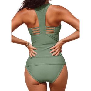 imageCUPSHE Womens Tankini Sets Two Piece Swimsuit Racerback Bathing Suits Top Cutout Flowy Mid Rise BottomOlive Green