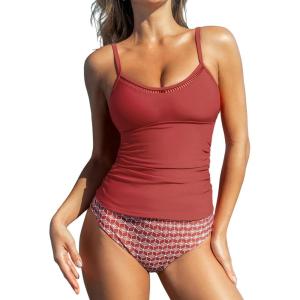imageCUPSHE Womens Tankini Sets Two Piece Swimsuit Scoop Neck Cutout Ruched Mid Rise Reversible BottomRedDiamond