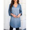 imageCUPSHE Women Fall Denim Shirt Dresses Cotton Long Sleeve V Neck Distressed Roll Tab Jean Mini DressDenim Blue