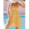 imageCUPSHE Women Ruffle Mini Summer Dress Spaghetti Straps Square Neck Backless Smocked Bodice A Line Spring Beach DressesYellow