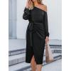 imageCUPSHE Womens Fall Dress One Shoulder Tie Front Puff Long Sleeve Bodycon Wrap Cocktail Midi DressesBlack