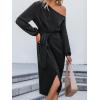 imageCUPSHE Womens Fall Dress One Shoulder Tie Front Puff Long Sleeve Bodycon Wrap Cocktail Midi DressesBlack