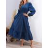 imageCUPSHE Womens Fall Dresses 2025 Long Sleeve V Neck Casual Outfits A Line Tunic Waist Ruffled Vacation Flowy Maxi Party DressBlue