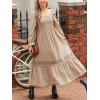 imageCUPSHE Womens Fall Dresses 2025 Square Neck Smocked Long Sleeve Ruffled Lace Long Formal A Line Maxi Wedding Guest DressBeige