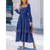 imageCUPSHE Womens Fall Dresses 2025 Square Neck Smocked Long Sleeve Ruffled Lace Long Formal A Line Maxi Wedding Guest DressNavy Blue