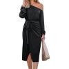 imageCUPSHE Womens Fall Dress One Shoulder Tie Front Puff Long Sleeve Bodycon Wrap Cocktail Midi DressesBlack