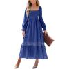 imageCUPSHE Womens Fall Dresses 2025 Square Neck Smocked Long Sleeve Ruffled Lace Long Formal A Line Maxi Wedding Guest DressNavy Blue
