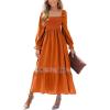 imageCUPSHE Womens Fall Dresses 2025 Square Neck Smocked Long Sleeve Ruffled Lace Long Formal A Line Maxi Wedding Guest DressOrange